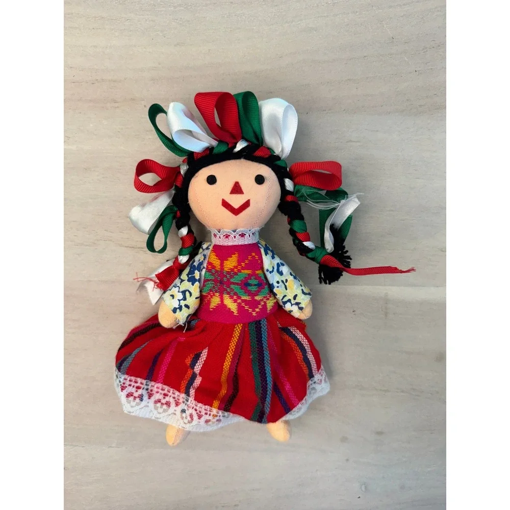 Handmade Mexican Maria Otomi Rag Doll Muneca Lele Ribbon Braids Embroidered